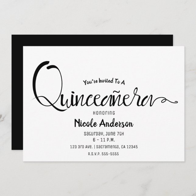 Black Script Modern Minimal Quinceañera Quince 15 Invitation (Front/Back)