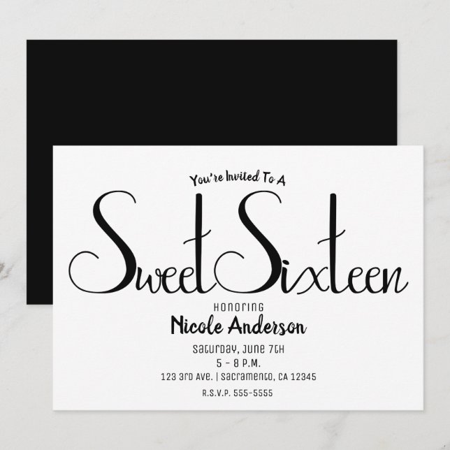 Black Script Modern Minimal Sweet Sixteen 16 Party Invitation (Front/Back)