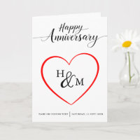Black Script Monogram Heart Happy Anniversary Card