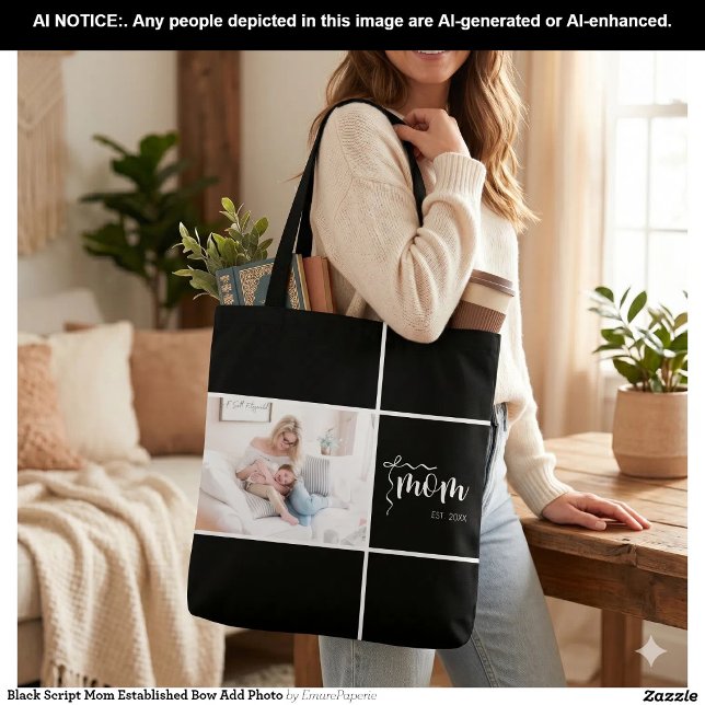 Black Script Mum Established Bow Add Photo Tote Bag (Creator Uploaded)