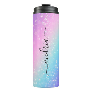 Black Script Name on Bokeh Stars, Purple & Blue Thermal Tumbler