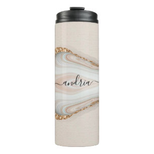 Black Script Name on Marble & Gold Glitter 2 Thermal Tumbler