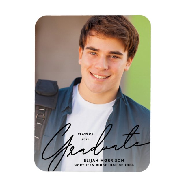 Black Script Overlay Photo Graduation Announcement Magnet (Vertical)