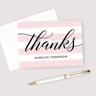 Black Script Pale Pink Stripes Wedding Thank You Card