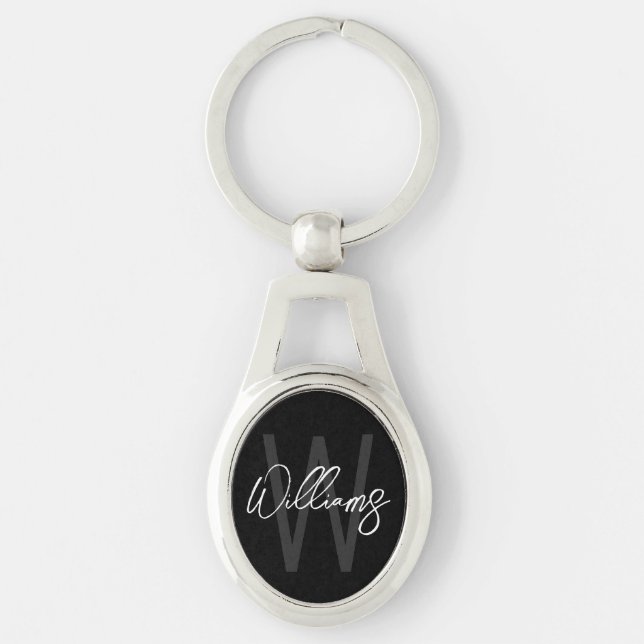 Black Script Personalised Monogram and Name Key Ring (Front)