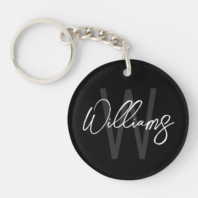 Black Script Personalised Monogram and Name Key Ring (Front)