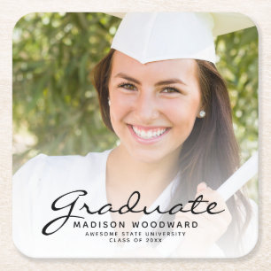 Black Script Photo Graduation Party Square Paper Coaster