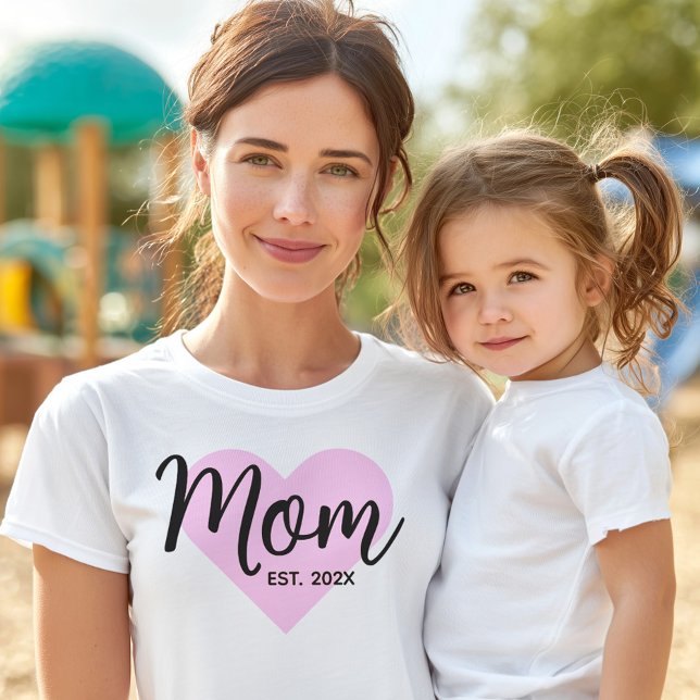 Black Script Pink Heart Established Date Mum Bold T-Shirt (Creator Uploaded)