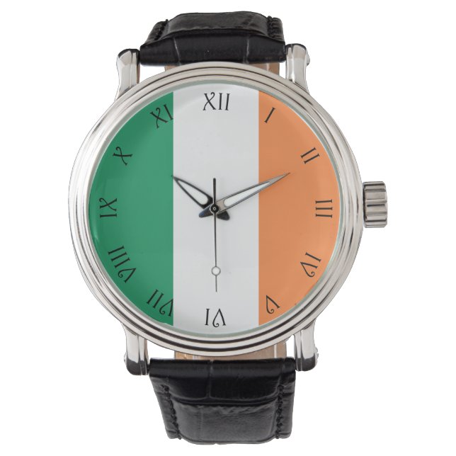 Black Script Roman Numbers Irish Flag wat Watch (Front)