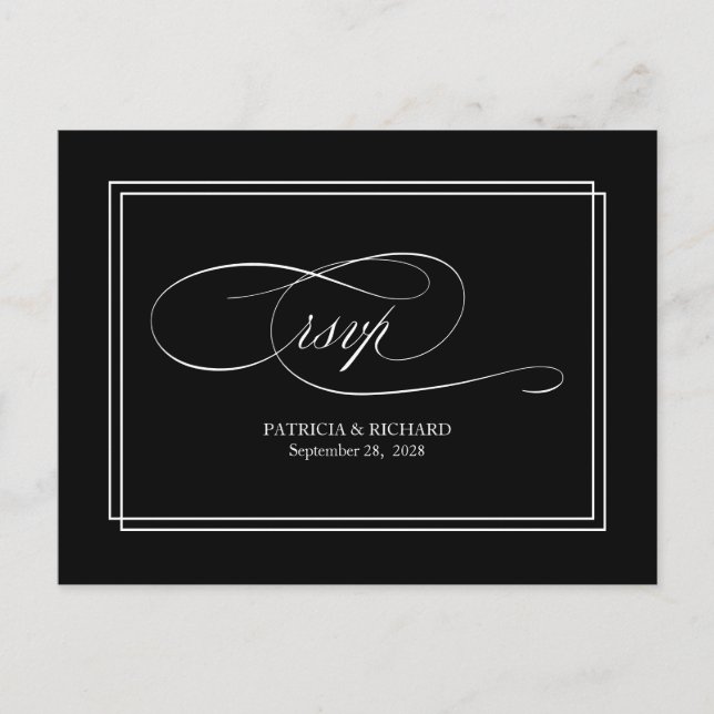 Black Script Simple Elegant Wedding RSVP Postcard (Front)