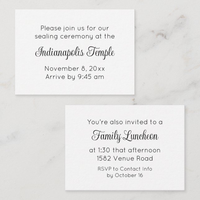 Black Script Temple Sealing & Meal Invitation (Front/Back)