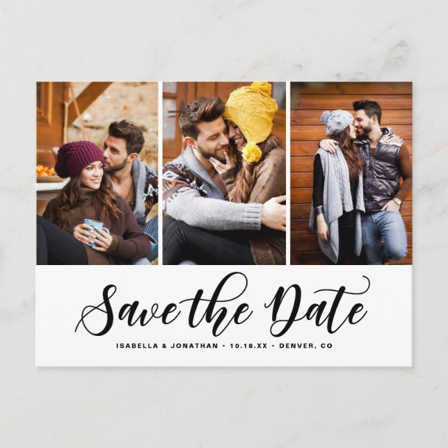 Black Script Three Photo Collage Save the Date Announcement Postcard (Front)