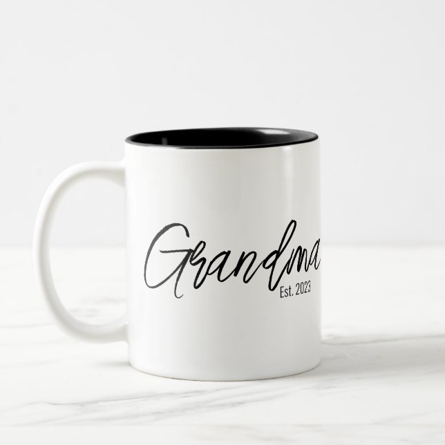 Black Script Typography Grandma Established Year Two-Tone Coffee Mug (Left)