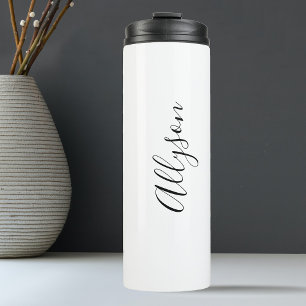 Black Script Vertical Name on White Thermal Tumbler
