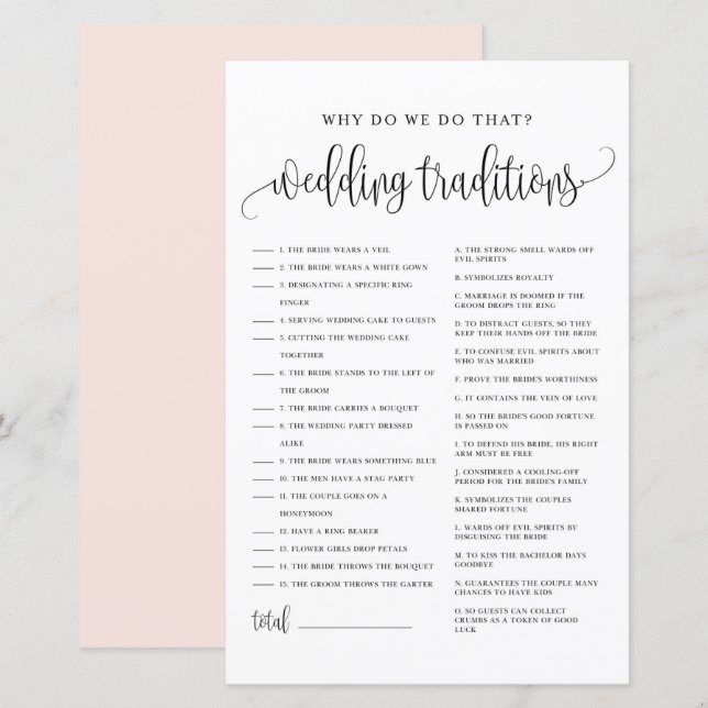 Black Script Wedding Traditions Bridal Shower Game (Front/Back)
