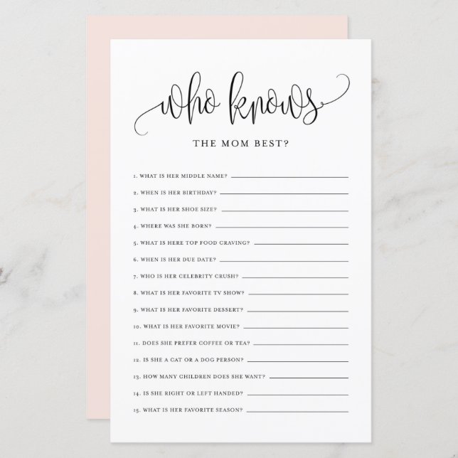 Black Script Who Knows Mum Best Baby Shower Game (Front/Back)