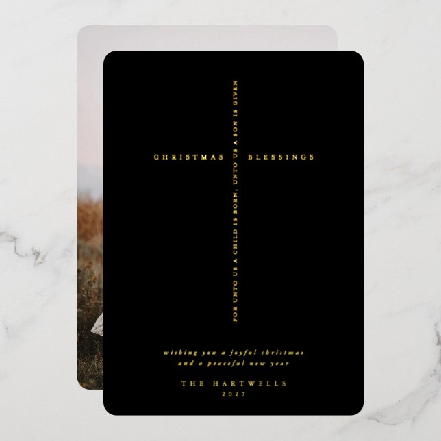 Black Scripture Cross Photo Foil Holiday Card (Front/Back)