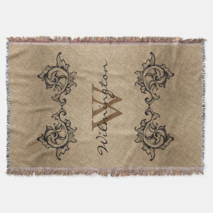 Black Scrolled Leaves Faux Burlap - Family Name Throw Blanket