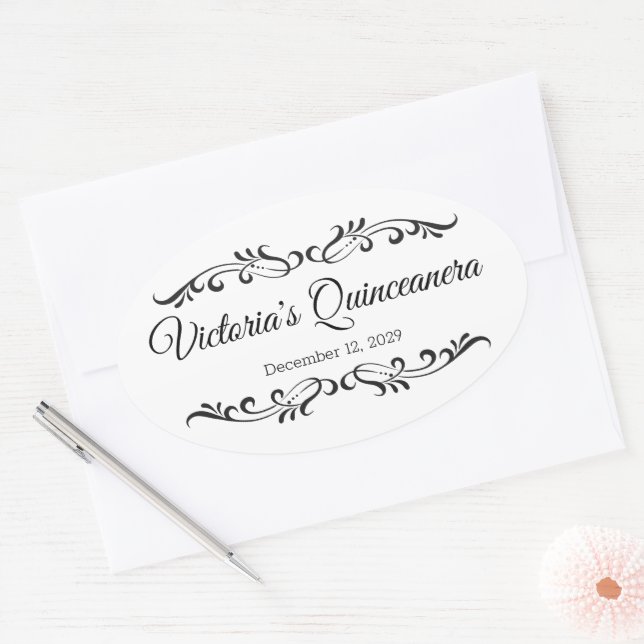 Black scrolls, custom Quinceanera party logo Oval Sticker (Envelope)