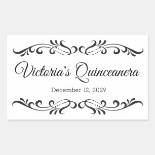 Black scrolls, custom Quinceanera party logo Rectangular Sticker