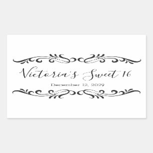 Black scrolls, custom Sweet 16 party logo Rectangular Sticker