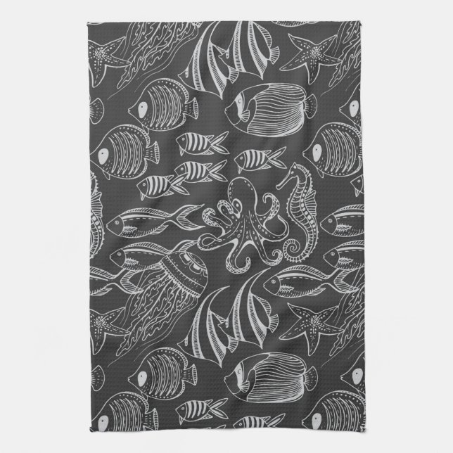 Black Sea Pattern Tea Towel (Vertical)