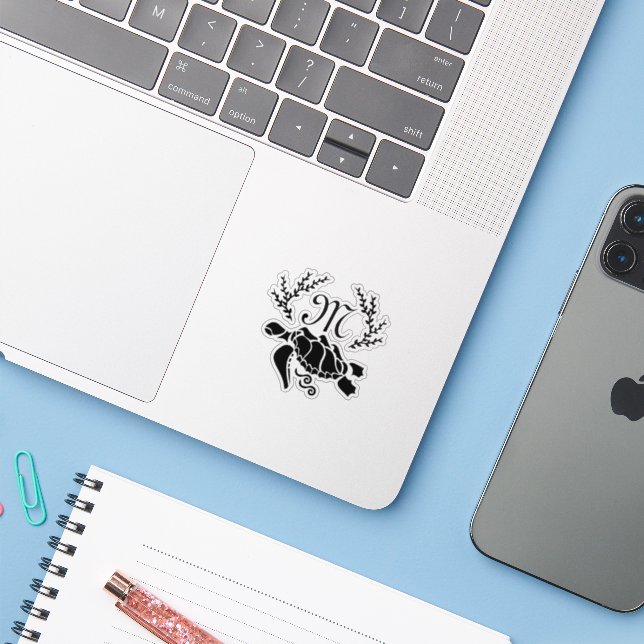 Black Sea Turtle Silhouette Side View Contour (Laptop w/ iPhone)