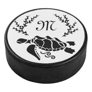 Black Sea Turtle Silhouette Side View Hockey Puck