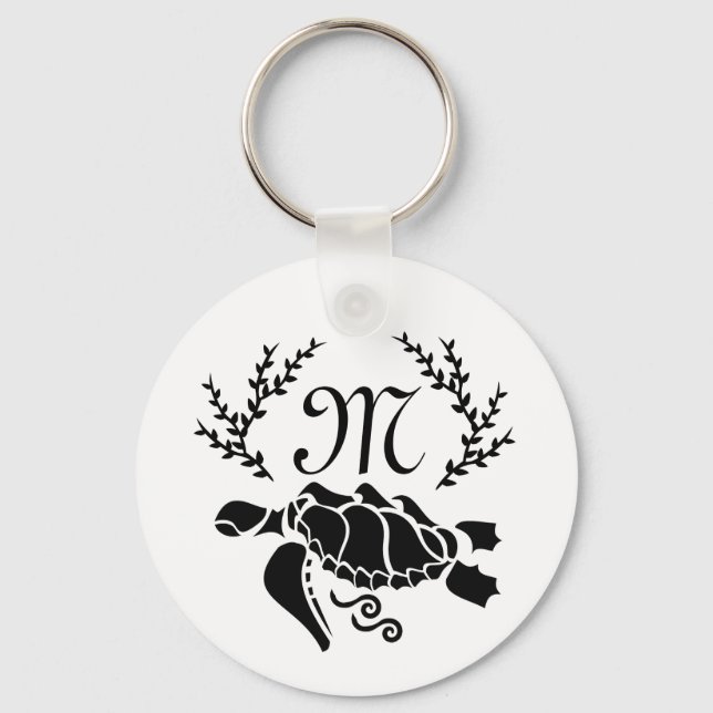Black Sea Turtle Silhouette Side View Key Ring (Front)