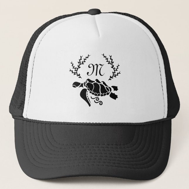 Black Sea Turtle Silhouette Side View Trucker Hat (Front)
