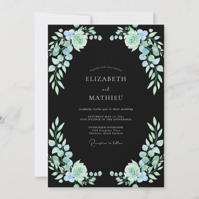 Black Seafoam Succulent Eucalyptus Wedding Invitation (Front)