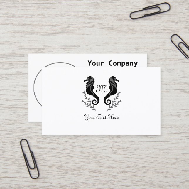 Black Seahorse Silhouette Monogram Business Card (Front/Back In Situ)