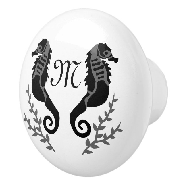 Black Seahorse Silhouette Monogram Ceramic Knob (Right)