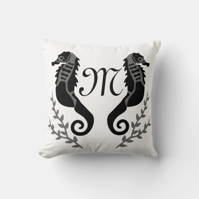 Black Seahorse Silhouette Monogram Cushion (Front)