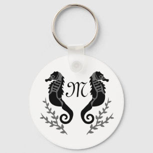 Black Seahorse Silhouette Monogram Key Ring