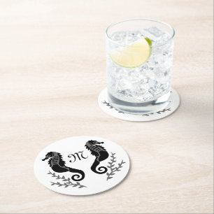 Black Seahorse Silhouette Monogram Round Paper Coaster