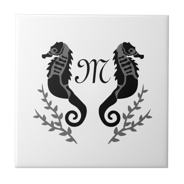 Black Seahorse Silhouette Monogram Tile (Front)
