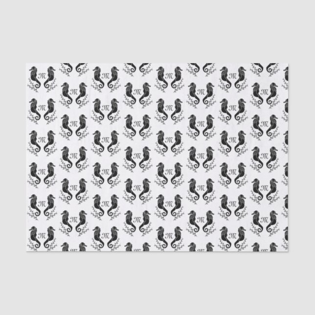 Black Seahorse Silhouette Monogram Tissue Paper (Front)