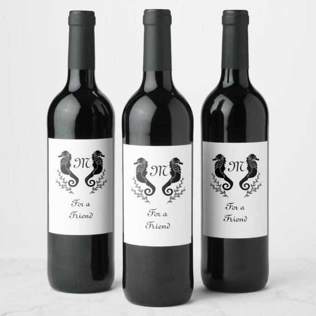 Black Seahorse Silhouette Monogram Wine Label (Bottles)