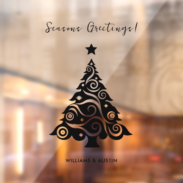 Black Seasons Greetings Christmas Tree Business Window Cling (Sheet 2)