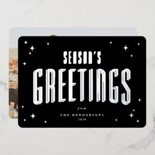 Black Season's Greetings Retro Stars Photo Foil Holiday Card