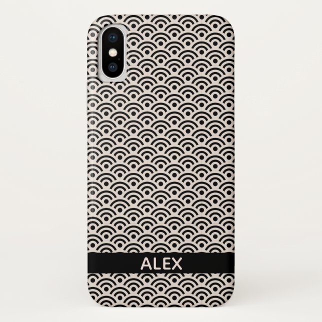 Black Seigaiha Japanese Pattern Personalised Name Case-Mate iPhone Case (Back)