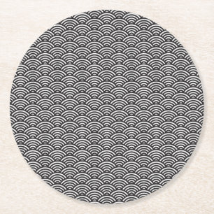 Black Seigaiha Japanese Wave Pattern Round Paper Coaster