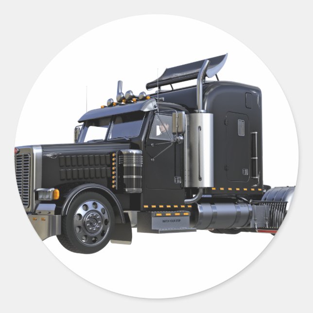 Black Semi Tractor Trailer Truck Classic Round Sticker (Front)