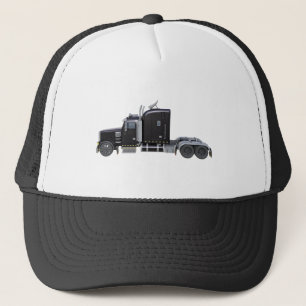 Black Semi Truck with Full Lights In Side View Trucker Hat