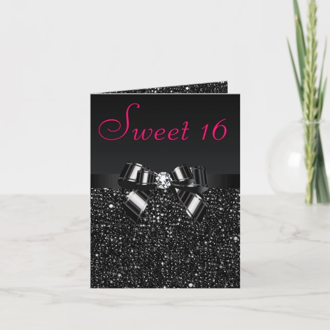 Black Sequins, Bow & Diamond Sweet 16 Invitation (Front)
