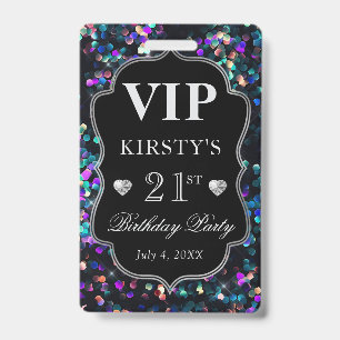 Black Sequins Glitter Vintage Frame Birthday VIP ID Badge