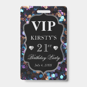 Black Sequins Glitter Vintage Frame Birthday VIP ID Badge