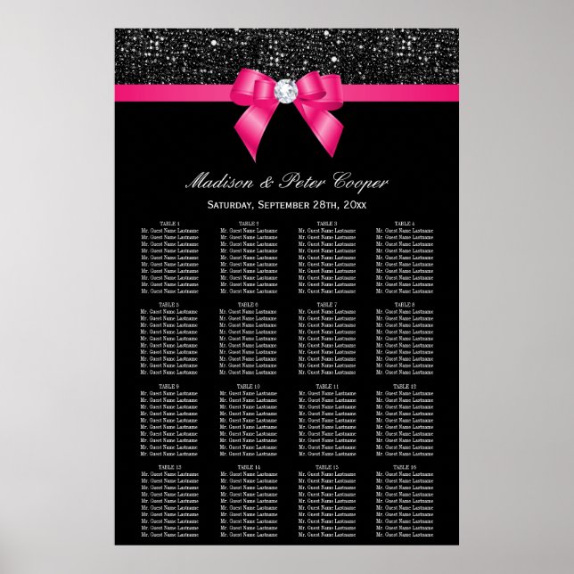 Black Sequins Hot Pink Bow Wedding Seating Chart (Front)