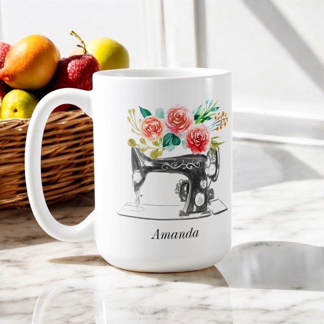 Black Sewing Machine Quote Red Floral Coffee Mug (Creator Uploaded)